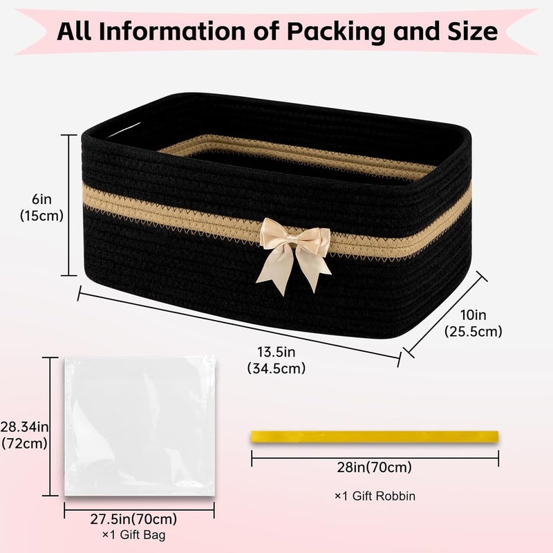 OIAHOMY Large Woven Storage Basket with Handles for Nursery Living Room Shelves, Bow Basket for Gifts Empty with Gift Bags and Ribbons for Baby Showers Pet Toy Bin - Black - Image 2